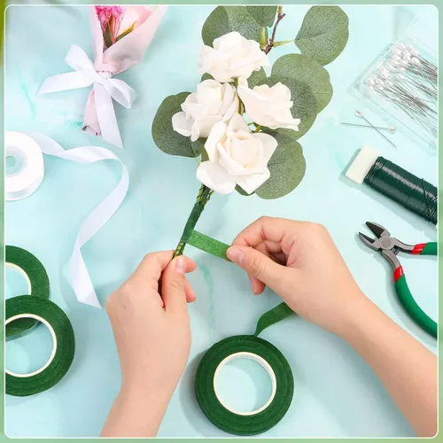 Miniatura 8 de PAXCOO Cinta floral y alambre, kit de arreglo de cinta florista y alambre floral con cinta blanca, pasador de botonero, cortador para ramos, Verde
