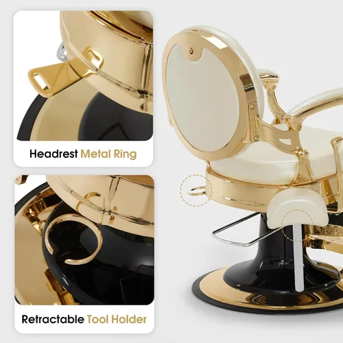Miniatura 9 de BarberPub Silla de peluquero resistente para hombres con reposacabezas, sillas reclinables hidráulicas de metal antiguo multiusos, equipo de Blanco