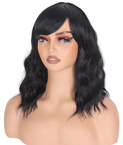 Miniatura 3 de Pelucas Bob Onduladas Negras Naturales a la Altura del Hombro Para Mujeres Pelucas Cortas Onduladas Con Flequillo Pelucas Sintéticas Onduladas