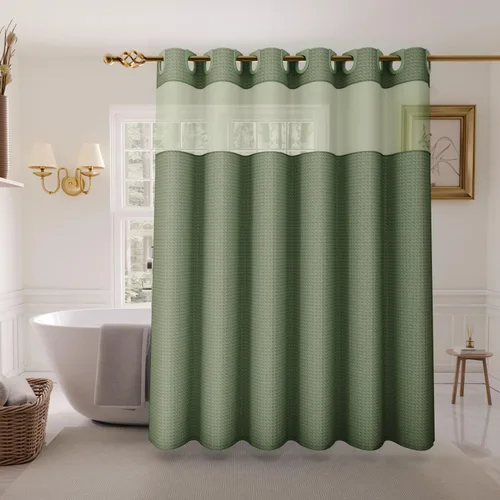 Miniatura 16 de Inhousolu - Cortina de ducha sin gancho con juego de forro de tela a presión, tejido waffle 230 GSM dobladillo con peso, impermeable y lavable