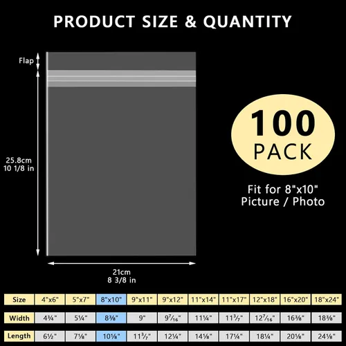 Miniatura 2 de AUEAR Paquete de 100 fundas de plástico transparente de 8 x 10 pulgadas, sin ácidos, bolsas resellables de cristal de 1.6 mil para impresiones