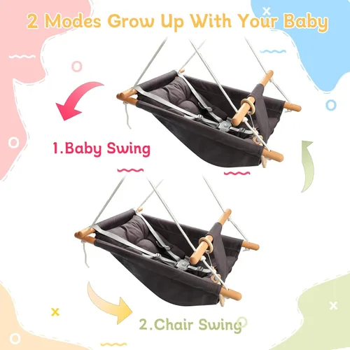 Miniatura 2 de Columpio para bebé al aire libre e interior para bebés y niños pequeños, columpio portátil ajustable para porche con cinturón de seguridad de 5 Gris