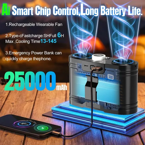 Miniatura 3 de Ventilador de cintura portátil AI 2026 de 25000 mAh, 100 velocidades 34000 RPM, ventilador de refrigeración corporal personal con linterna de 145