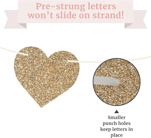 Miniatura 4 de Cartel preencordado con texto en inglés "Love Laughter & Happily Ever After", "No hazlo tú mismo" – Cartel dorado con purpurina para despedida