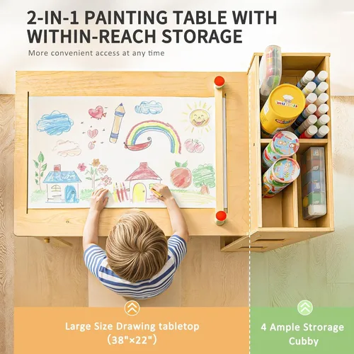 Miniatura 5 de WINGYZ Mesa y sillas de arte para niños, mesa de actividades para niños pequeños y 2 sillas con armario de almacenamiento, mesa de manualidades 5