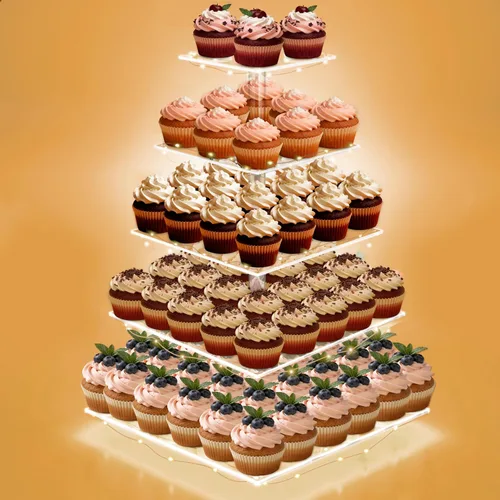 Miniatura 9 de Soporte para Cupcakes, Soporte para Cupcakes de 4 Niveles, Soporte Iluminado para Cupcakes para 50 Cupcakes, Torre Cuadrada para Cupcakes, Juego