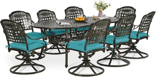 Miniatura 29 de Juego de comedor de patio de 9 piezas, mesa y sillas de patio al aire libre, mesa de comedor ovalada de aluminio fundido de 84 pulgadas con agujero
