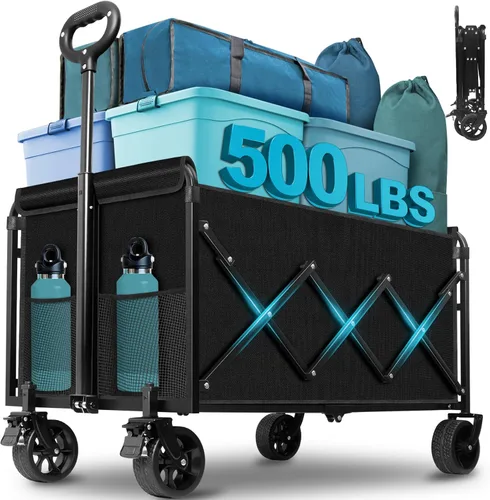 Carro plegable con ruedas: Carro utilitario plegable de 500LBS de alta resistencia - Carro portátil todo terreno para compras de comestibles,
