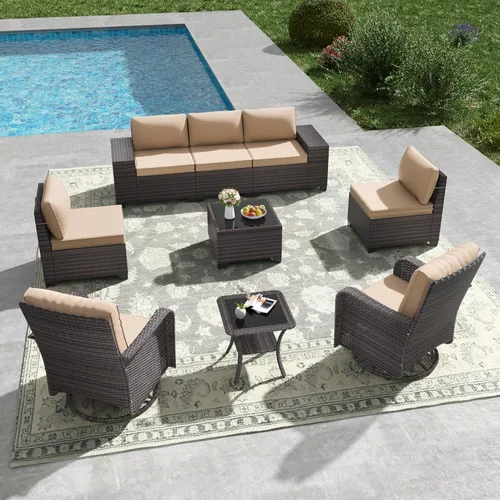 Miniatura 85 de Kullavik Juego de 13 muebles de patio al aire libre con mesa de fogata de gas propano de 43 pulgadas, 55000 BTU, mimbre de polietileno, sofá Arena