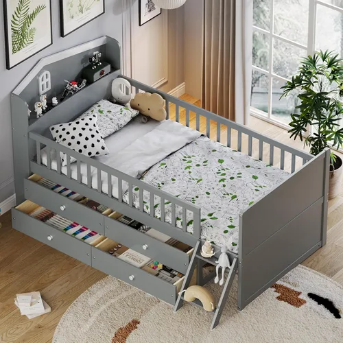Miniatura 13 de Base de cama de tamaño individual con barandillas nido y valla para niños, adolescentes y adultos, soporte de listones de madera, no necesita Gris