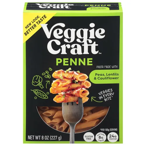 Veggiecraft Farms Penne Pasta - Pasta baja en carbohidratos, alta en proteínas, hecha con coliflor, lentejas y guisantes, sin gluten, fideos de