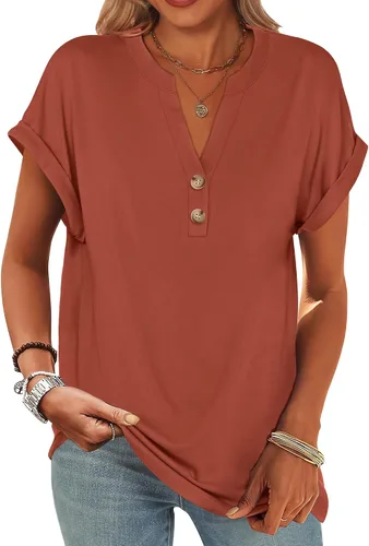 Miniatura 38 de ANRABESS - Camisetas Henley de manga corta para mujer, cuello en V, elegantes, estilo informal, de corte suelto; blusas fluidas de verano, ropa