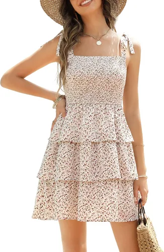 Ellakoko Vestido de verano casual tipo babydoll para mujer, lindo vestido floral con lazo en el hombro escalonado con lunares suizos fruncidos