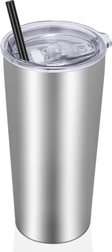 Miniatura 28 de VEGOND Vaso de 20oz a granel con tapa y pajita, vaso aislado al vacío de acero inoxidable de doble pared para café, viaje, paquete de 1 unidad, Rojo