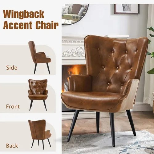 Miniatura 7 de Furniliving Silla decorativa de piel sintética para sala de estar, silla de lectura tapizada con respaldo alto, sillón acolchado con respaldo alado