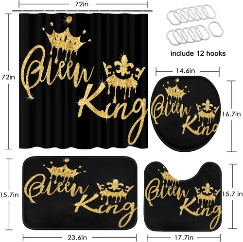 Miniatura 2 de Arttown Juego de baño negro con cortina de ducha y accesorios de alfombras, cortinas de ducha negras doradas King y Queen, decoración de baño