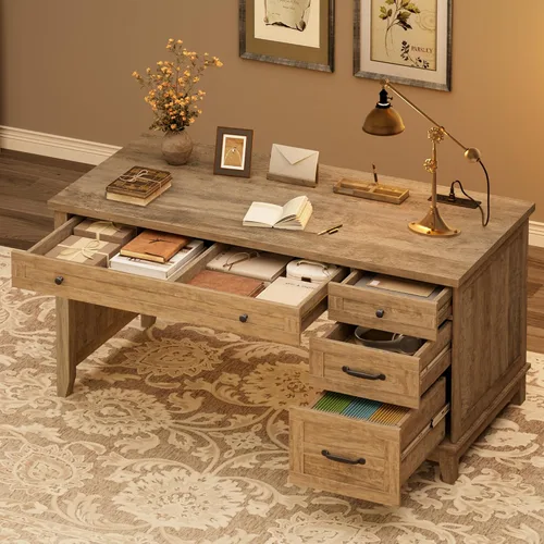 Miniatura 3 de GAOMON Escritorio ejecutivo de madera de 54.5 pulgadas con cajones, mesa de computadora de oficina con estación de carga, escritorio de oficina