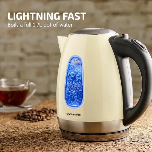 Miniatura 7 de Ovente. Hervidor de agua eléctrico de 0.45 galones, inalámbrico, de acero inoxidable, libre de BPA, Beige Beige KS96