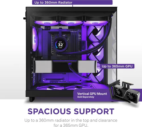 Miniatura 8 de NZXT H6 Flow CC-H61FB-01 Carcasa compacta de doble cámara de torre media con flujo de aire Paneles de vidrio panorámicos Paneles de flujo