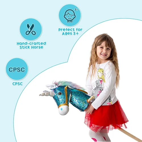 Miniatura 4 de HollyHOME Caballo de unicornio con lentejuelas, caballo de juguete artesanal con palo y ruedas de madera, sonidos reales de relincho y galope de Azul