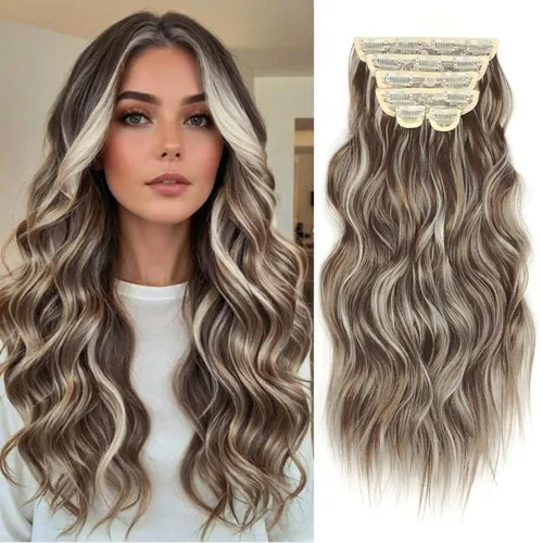 Miniatura 38 de Extensiones de cabello con clip de Vigorous de 20 pulgadas, con reflejos rubio playa, extensiones de cabello ondulado largo y suave de cabello