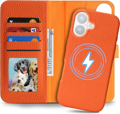 Miniatura 27 de Funda desmontable de piel auténtica para iPhone 13/14, funda magnética 2 en 1 extraíble, soporte de carga MagSafe, función de soporte para tarjetas