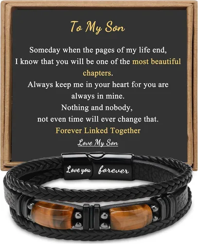Miniatura 7 de Regalos únicos para hombres, pulsera de cuero para hombres, papá, novio, hijo, nieto, hermano, te amo para siempre, piedra ojo de tigre, día