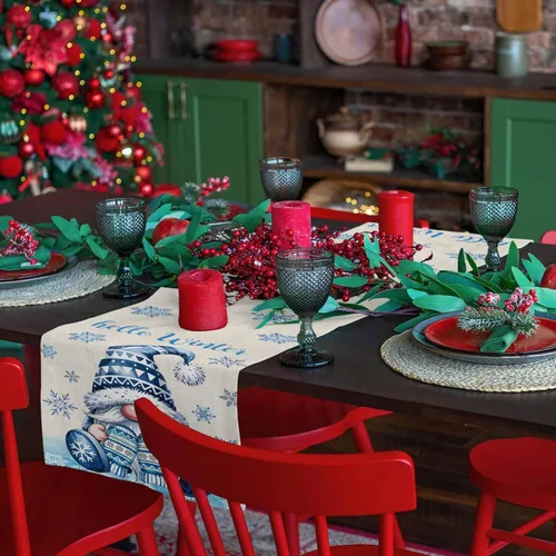 Miniatura 6 de Camino de mesa de gnomos de Navidad de 36 pulgadas de largo, algodón y lino, bufandas de arpillera, cocina, cena, cafetería, decoración de mesa