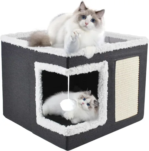 Miniatura 8 de Cama para gatos de interior, casa cubo, cama grande cubierta para gatos, cueva y muebles con bola esponjosa y almohadilla para rascar, nido