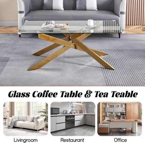 Miniatura 5 de Mesa de centro de cristal de 47 pulgadas, moderna tapa rectangular de vidrio templado con patas de metal con cruz dorada, mesa central de espacio