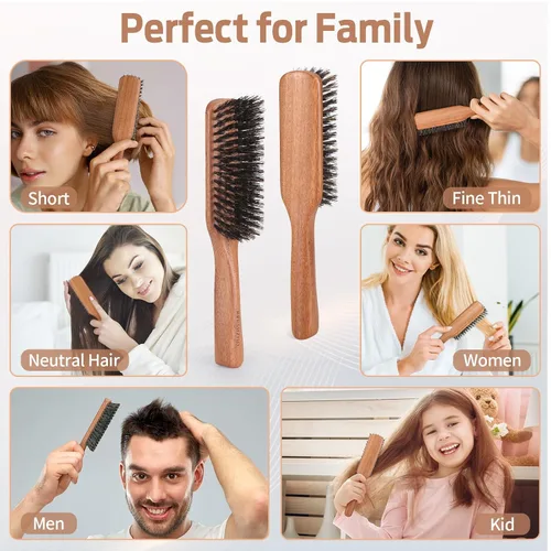 Miniatura 5 de BRUSHZOO - Cepillo de pelo de cerdas de jabalí para mujeres y hombres, pelo corto y fino, mango de haya, cepillo para peinar y alisar