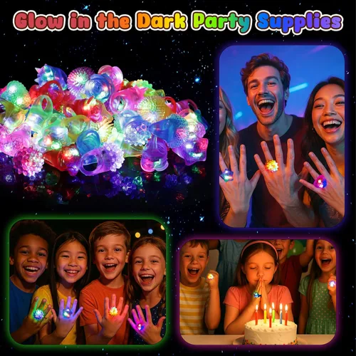 Miniatura 4 de LovesTown 24 anillos iluminados, recuerdos de fiesta para niños, 6 estilos que brillan en la oscuridad, suministros de fiesta para bolsas