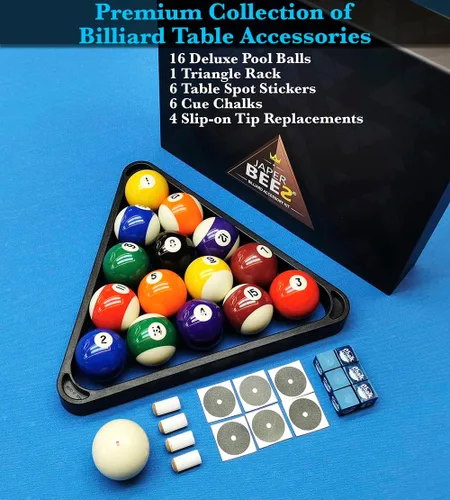 Miniatura 2 de JAPER BEES Bolas de billar con estante de bolas triangular, tizas de taco, calcomanías de mesa y reemplazos de puntas, accesorios para mesa de billar