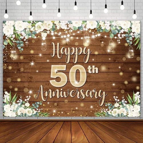AIBIIN Telón de fondo de feliz aniversario de 7 x 5 pies para parejas que saludan a 50 años, decoración de fiesta de cumpleaños, flores blancas,