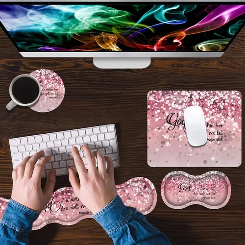 Miniatura 4 de Juego de reposamuñecas ergonómico para teclado y alfombrilla para mouse con posavasos [4 piezas], base de goma antideslizante para el hogar, Citar