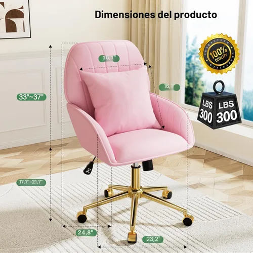 Miniatura 3 de Silla de Escritorio de Terciopelo Rosa con Cojín, Silla de Oficina Doméstica Tapizada con Ruedas Giratorias, Silla de Maquillaje, Silla de Oficina