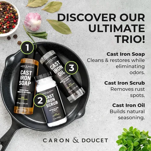 Miniatura 2 de CARON & DOUCET - Juego de Hierro Fundido Definitivo: Aceite para Sazonar, Jabón de Limpieza y Exfoliante Restaurador 100% a Base de Plantas y lo 2
