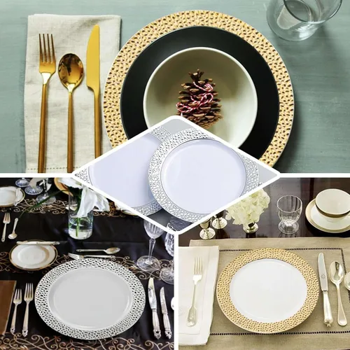 Miniatura 5 de Efavormart - Paquete de 10 platos de postre de plástico martillado de oro rosa rubor de 7.5 pulgadas con borde dorado, platos redondos desechables