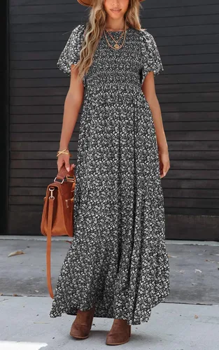 Miniatura 4 de PRETTYGARDEN - Vestido largo casual de verano para mujer, manga corta acampanada, bohemio, floral, cuello redondo, vestido blusón, escalonado