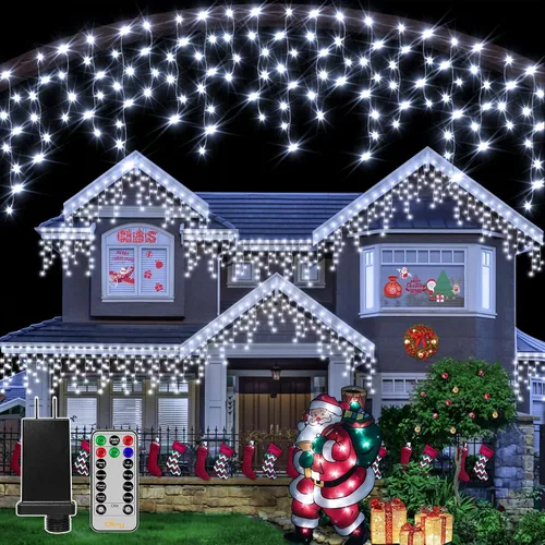 Ollny Luces de Carámbano para Exteriores Blanco Frío, 600LED 49FT Luces de Navidad con Control Remoto 8 Modos Regulables, Impermeable Conectable
