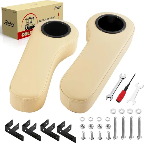 Roykaw Reposabrazos para carrito de golf con portavasos compatible con EZGO Club Car Yamaha – Marco de soporte mejorado, no requiere perforación,