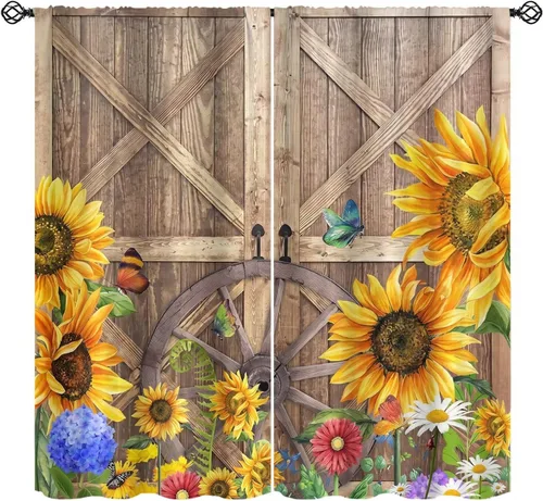 Miniatura 13 de Sunflower Curtains for Living Room Bedroom, Spring Nature Blue Sky and Butterfly Window Drapes, Rustic Wooden Fence Floral Botanical Decor, 2 Panels