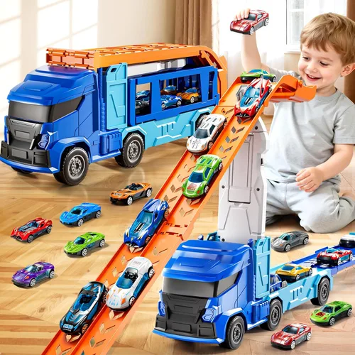 Miniatura 7 de Juego de pistas de camiones para niños de 3, 4, 5, 6 años, camión de dinosaurio, pista de carreras con 12 juguetes de autos de carreras fundidos a