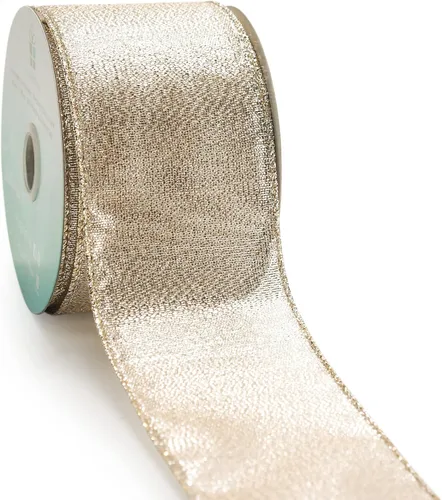 Cinta con alambre metálica dorada champán de 2.5 pulgadas x 10 yardas para decoración del hogar de Navidad, lazo para decoración de árbol, envoltura