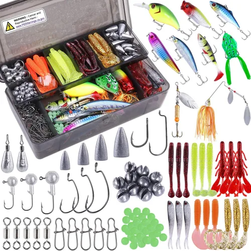 PLUSINNO Kit de accesorios de pesca, caja de aparejos de pesca con aparejos incluidos, anzuelos de pesca, pesas de pesca, tiro dividido redondo, Kit