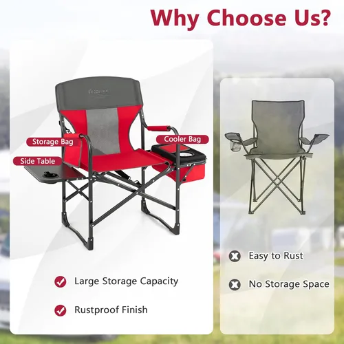 Miniatura 9 de COSTWAY Silla de camping plegable, silla de director de alta resistencia soporta 400 libras para adultos con mesa auxiliar, bolsa refrigeradora, Rojo