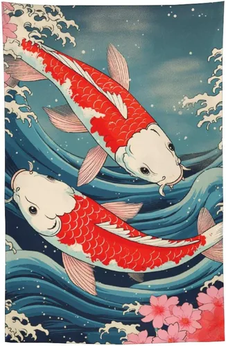 Miniatura 9 de QEOPGNE Tapiz de pared grande con diseño de pez Koi, grandes olas japonesas, flores de cerezo, banderas retro para habitación, sala de estar