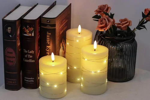 Miniatura 6 de Eldnacele Velas sin llama que funcionan con pilas con control remoto y temporizador, tira de luces LED de cera real, velas LED de pilar de cera