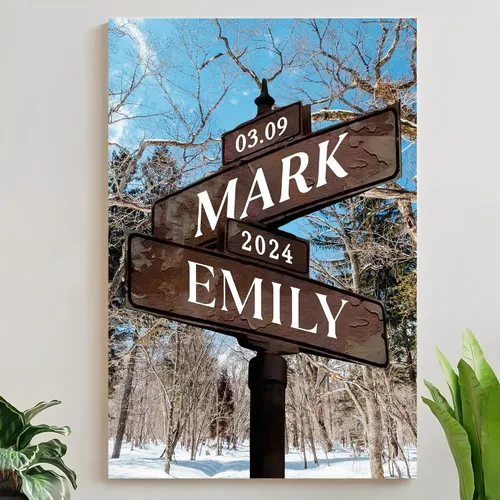 Miniatura 11 de Mapileng Lienzo personalizado de Crossroads Street Sign para parejas, nombres personalizados y fecha, arte de pared vintage, regalo del día de San