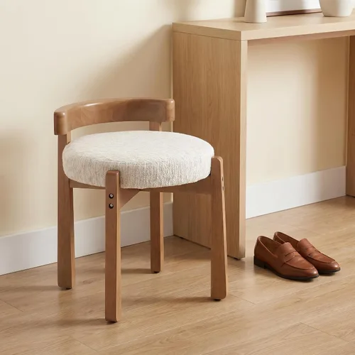 Miniatura 9 de DUOMAY Taburete de tocador de felpilla beige con respaldo bajo, altura del asiento de 18.75 pulgadas, otomana redonda tapizada, patas de goma